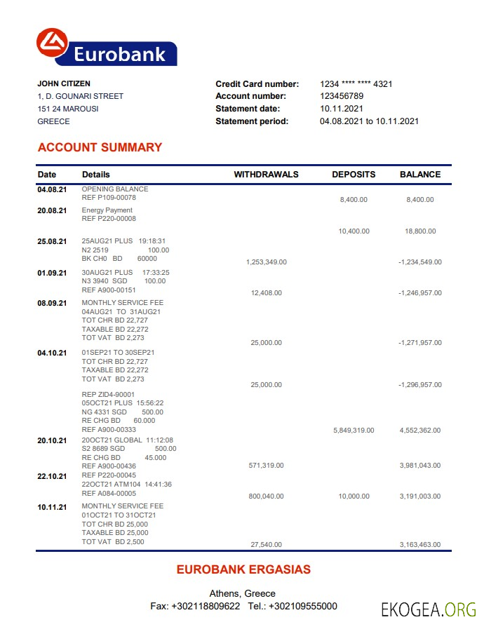 Modèle de relevé bancaire Grèce Eurobank Ergasias facile à remplir au format Excel et PDF